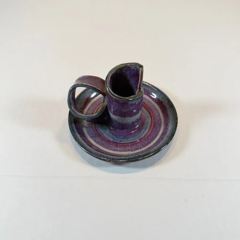Vintage Bay Pottery Ceramic Chamberstick Candle Holder Purple Blue Drip Glaze